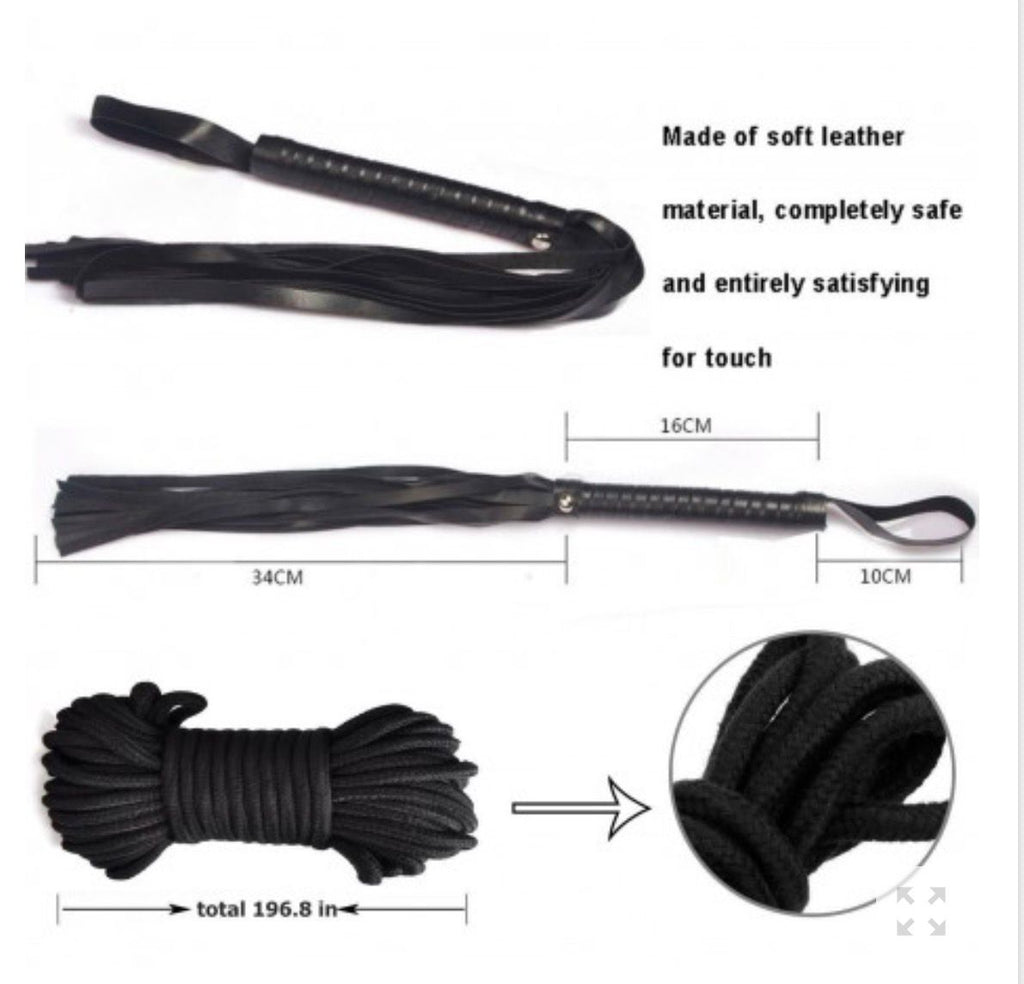 TOP BONDAGE KIT FETISH CORDA MORSO COLLARE COSTRITTIVO NERO FRUSTA MANETTE CAVIGLIERE