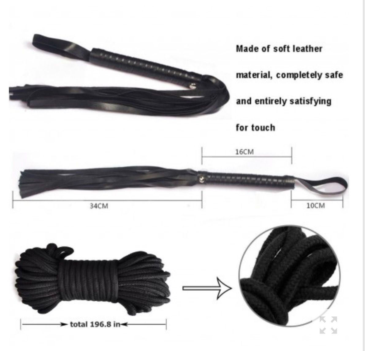 TOP BONDAGE KIT FETISH CORDA MORSO COLLARE COSTRITTIVO NERO FRUSTA MANETTE CAVIGLIERE